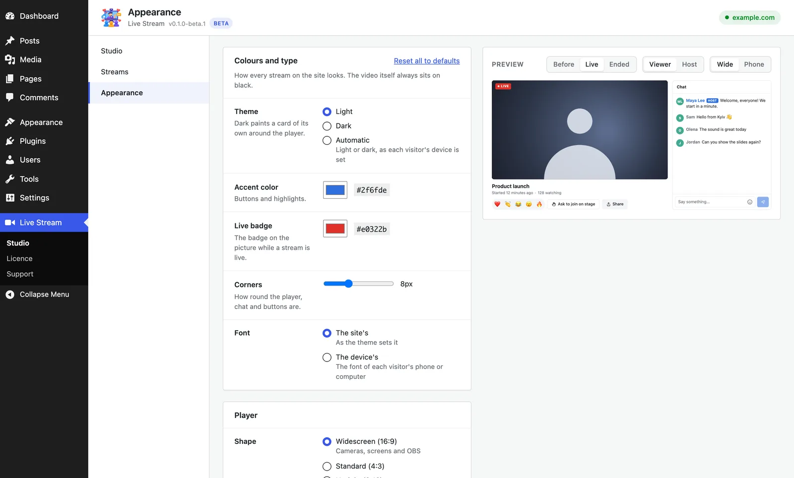 The Appearance tab: theme, accent colour, Live badge colour, corners and font, beside a live preview of the player and its chat