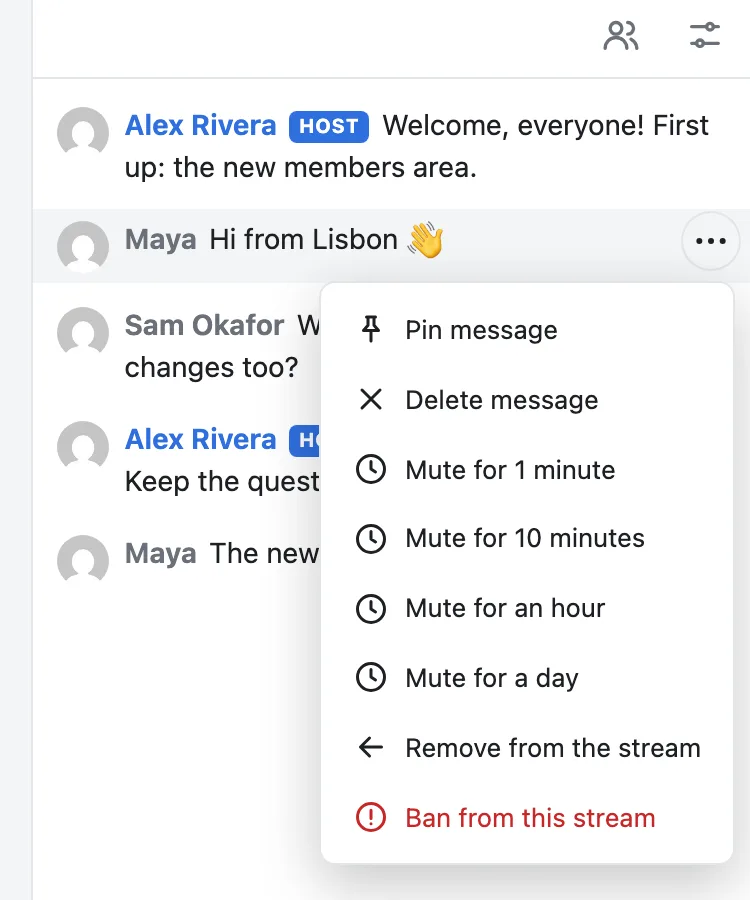 The chat in the studio, with a moderator's menu on a message: pin, delete, mute for a minute, ten minutes, an hour or a day, remove from the stream, ban