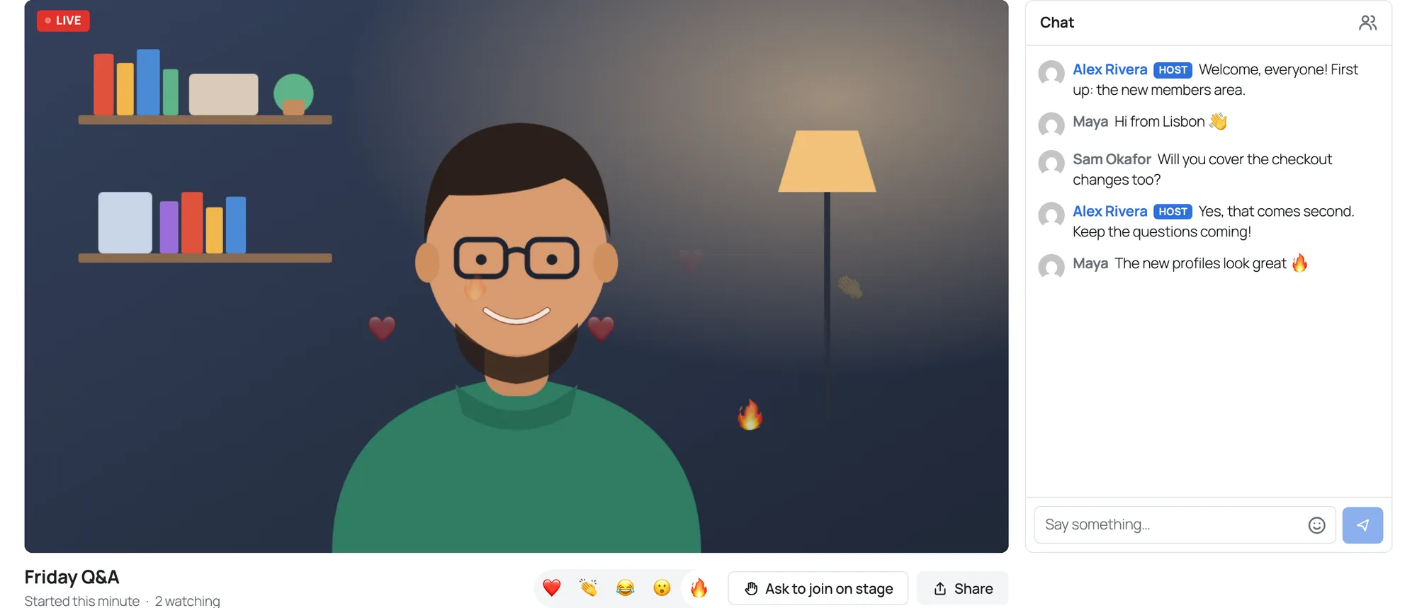 A stream on a WordPress page: the host live on camera with hearts and fire rising over the picture, and the chat beside it