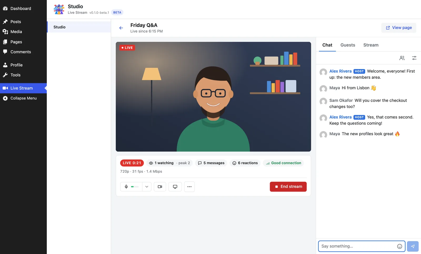 Live Stream → Studio in the WordPress admin while live: the host's camera, the statistics, the controls and the chat beside them