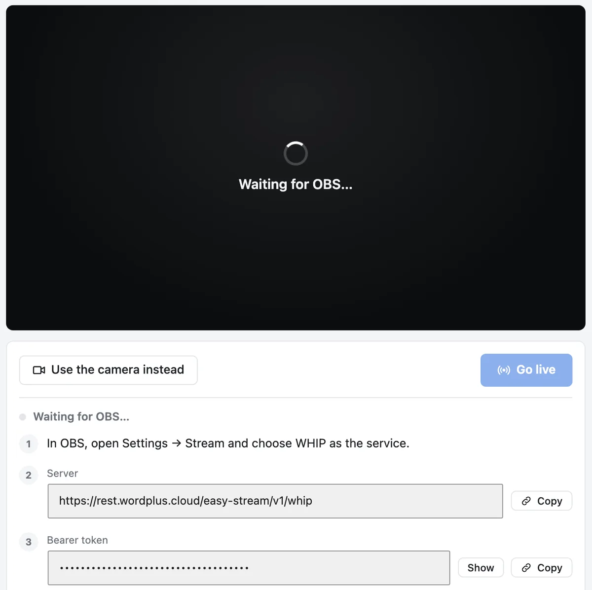 The studio waiting for OBS, with the steps: choose WHIP in OBS, then the server address and the bearer token to copy